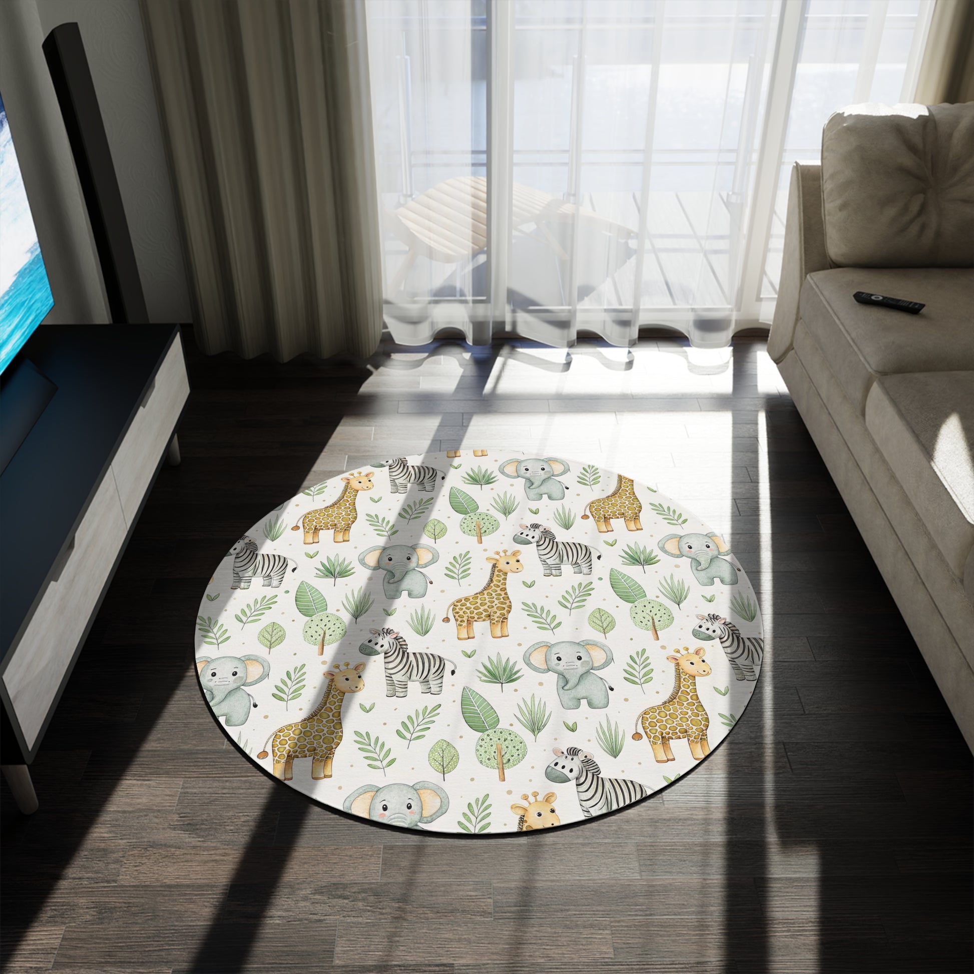 Close-up of the safari animal print on a round nursery rug