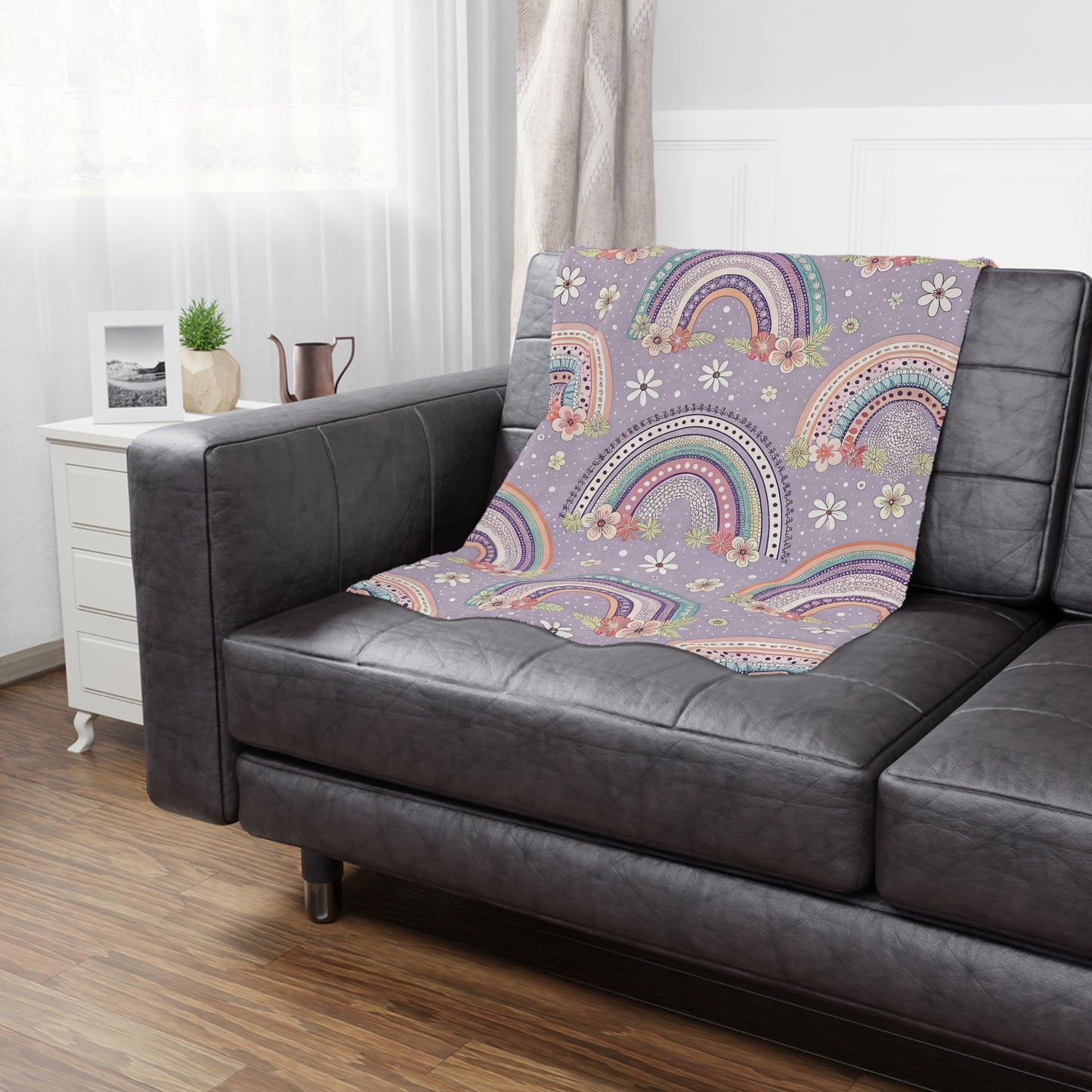 P46 - Minky Blanket - Pastel Dark Purple Floral Rainbow