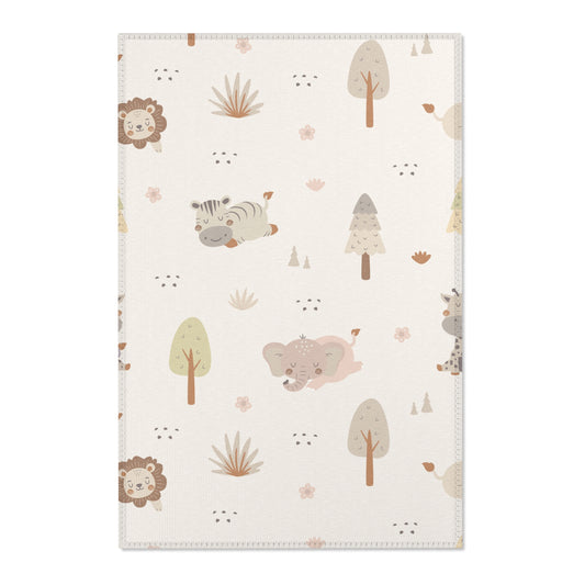 Sleepy safari nursery area rug in a neutral baby room