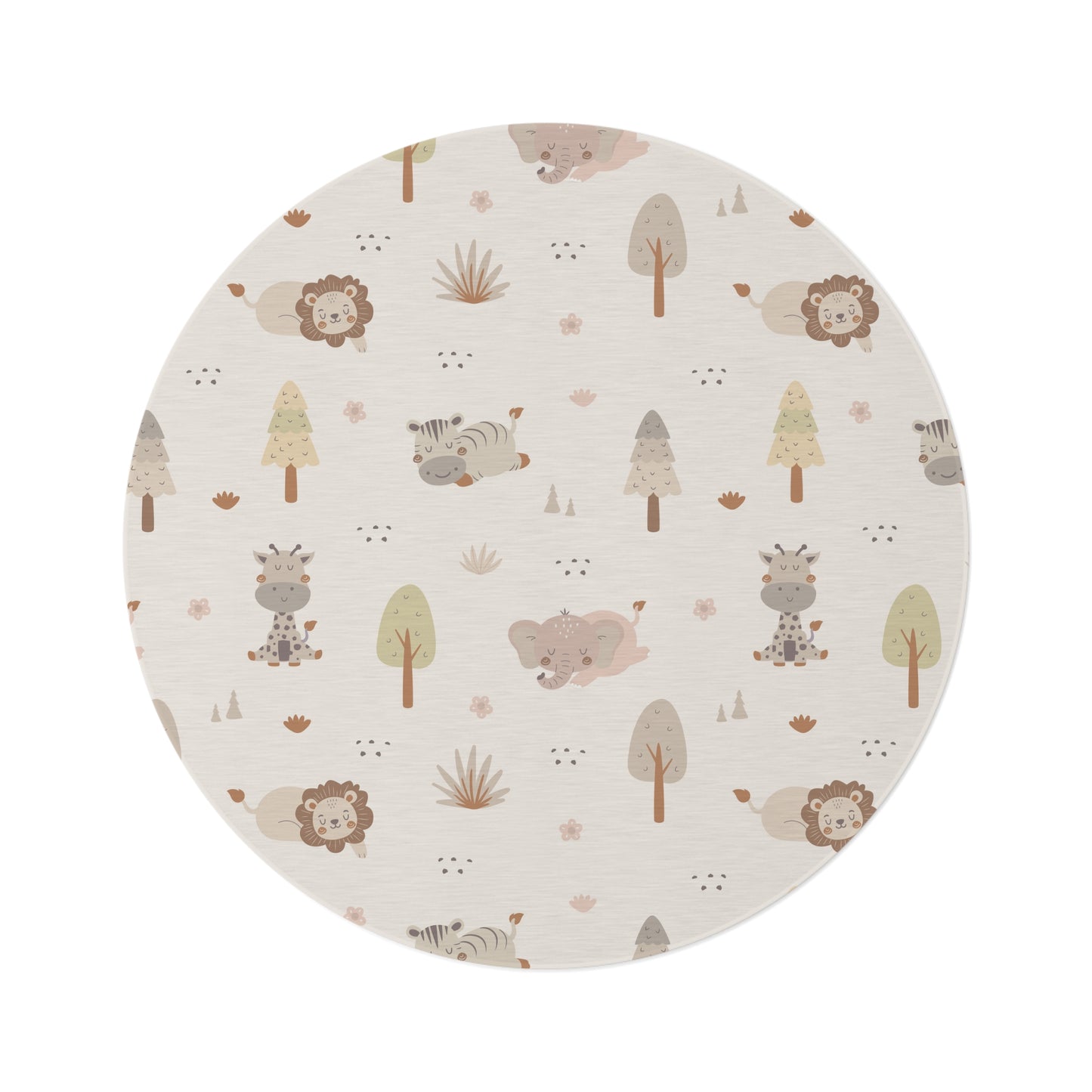 Sleepy safari round nursery rug on a baby room floor