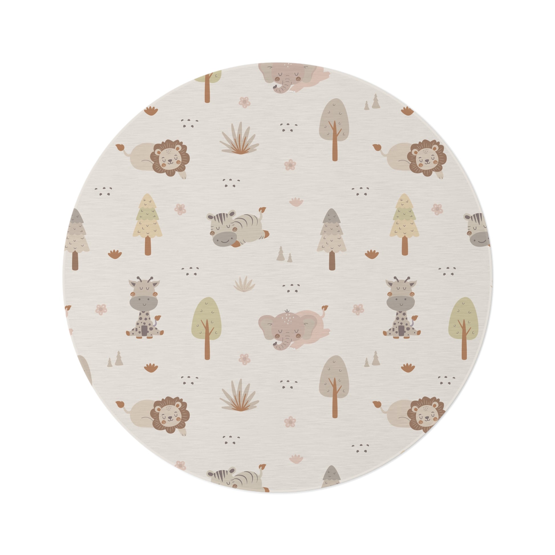 Sleepy safari round nursery rug on a baby room floor