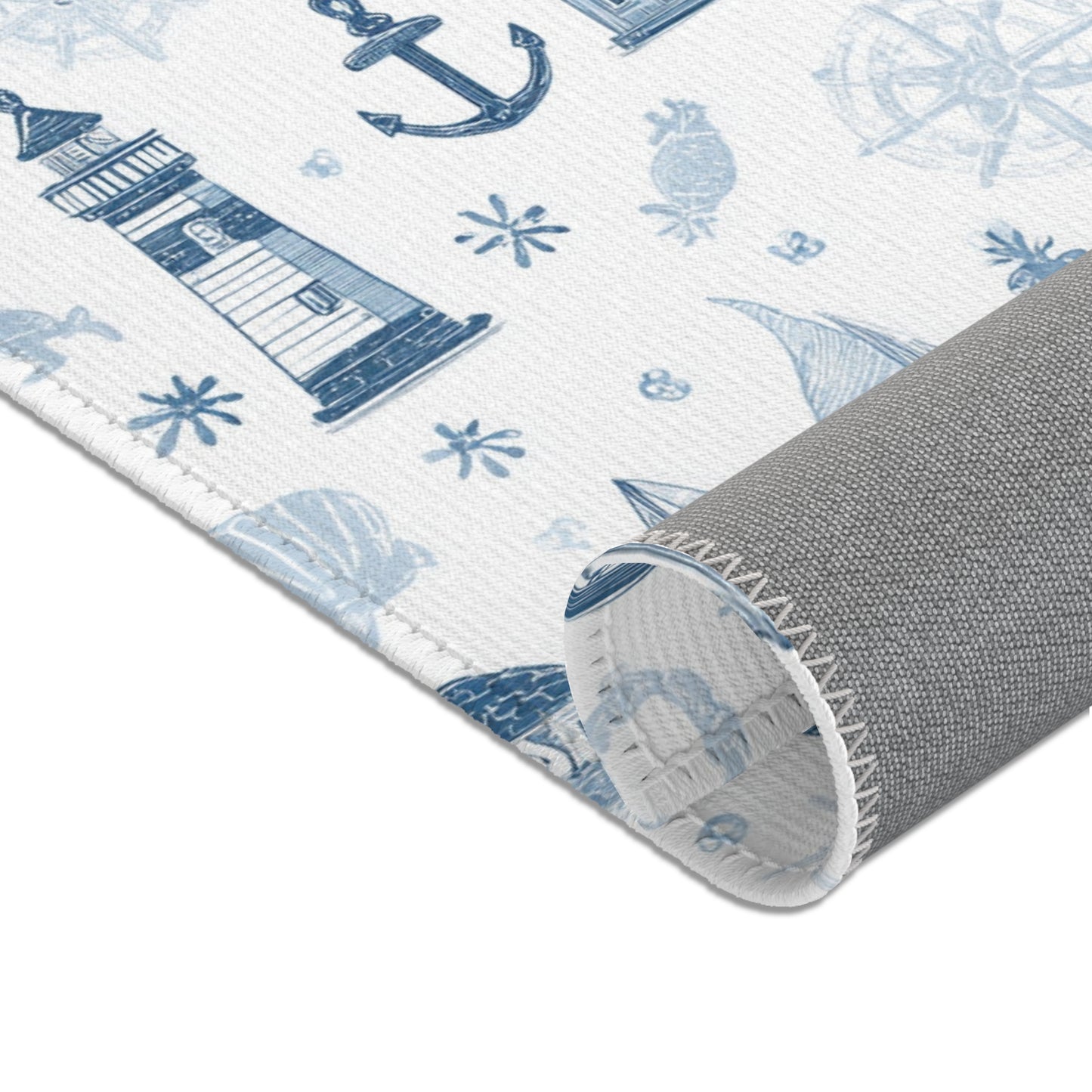 Navy nautical nursery rug shown at full size