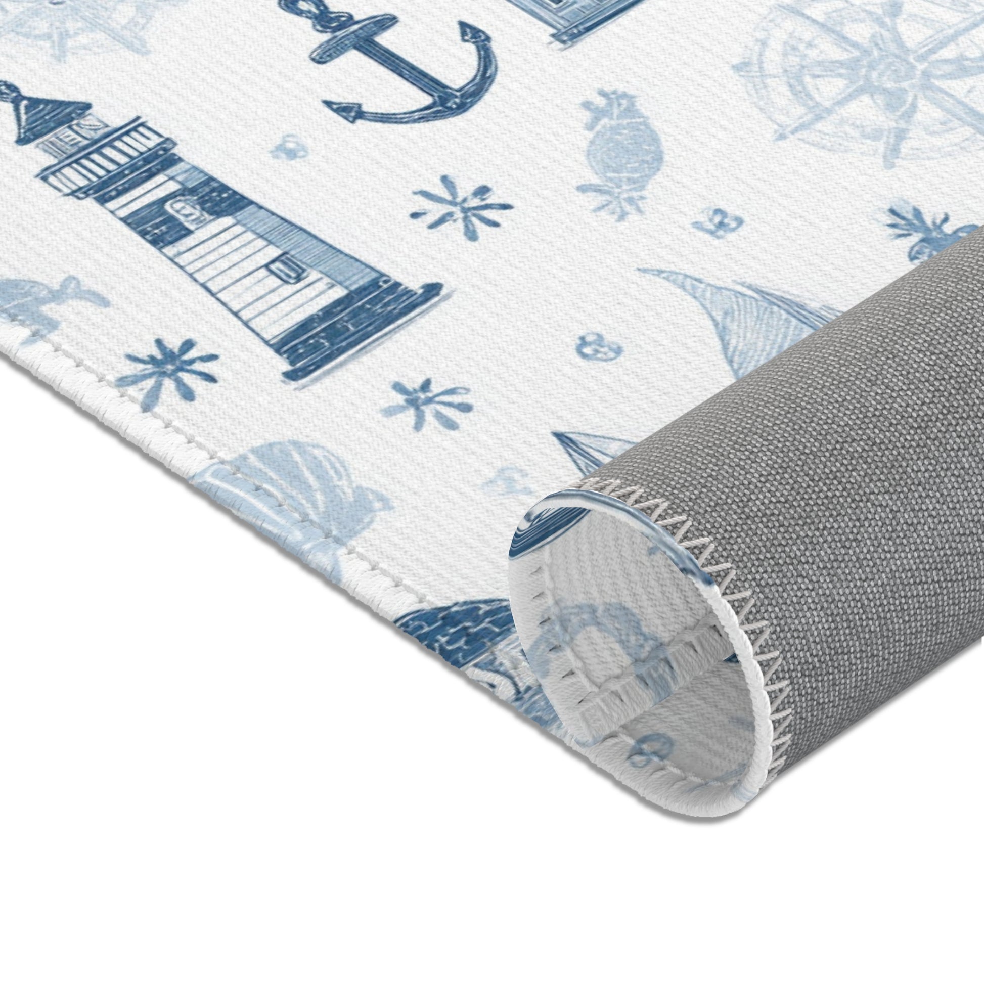 Navy nautical nursery rug shown at full size