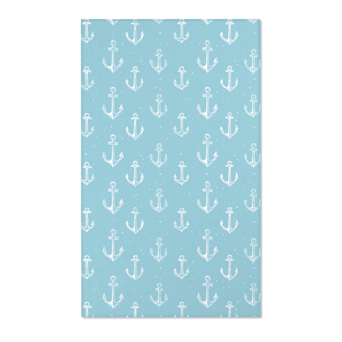 Rectangular teal anchor nursery rug shown from above