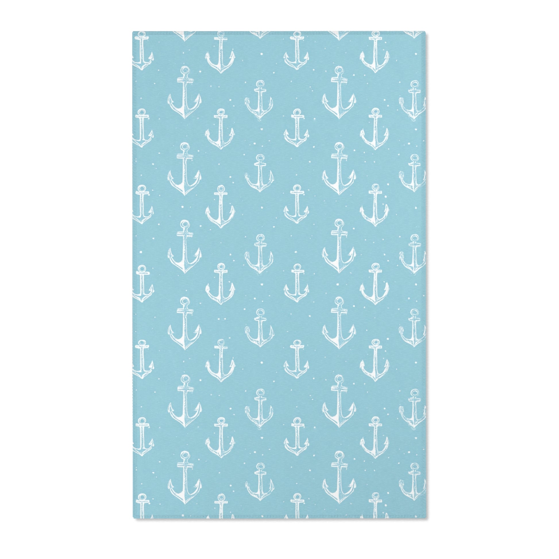 Rectangular teal anchor nursery rug shown from above