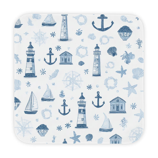 Nautical hooded baby towel wrapped around a baby