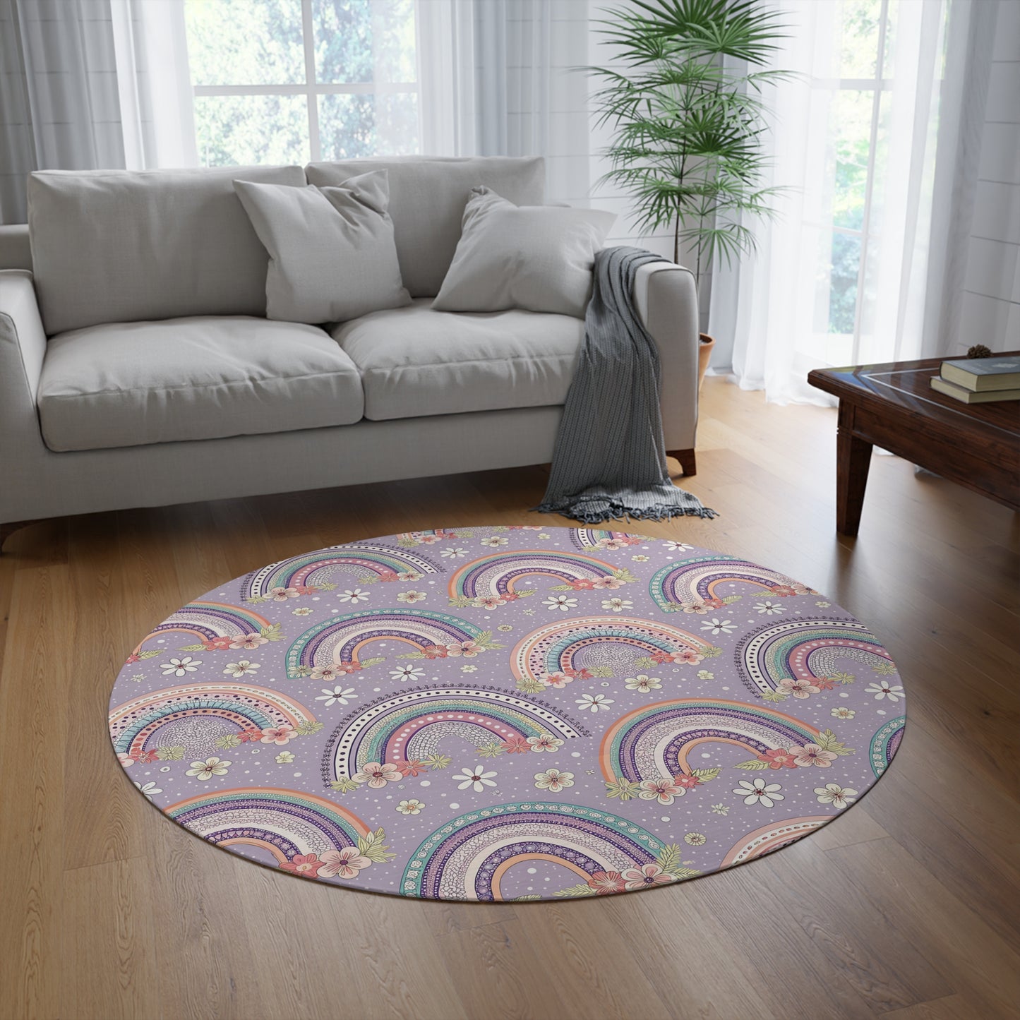 P46 - Round Rug - Pastel Dark Purple Floral Rainbow