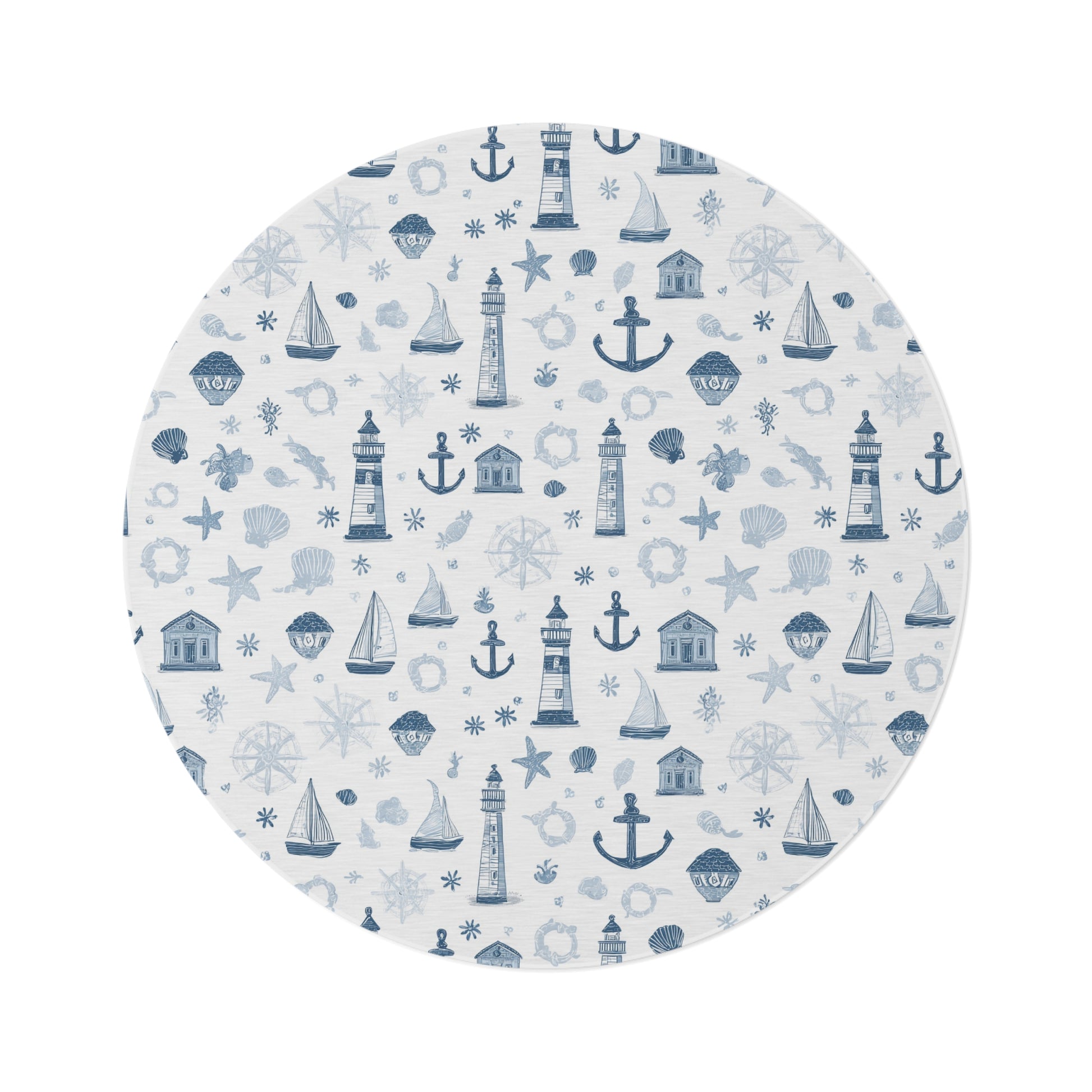 Nautical round nursery rug on a baby boy bedroom floor