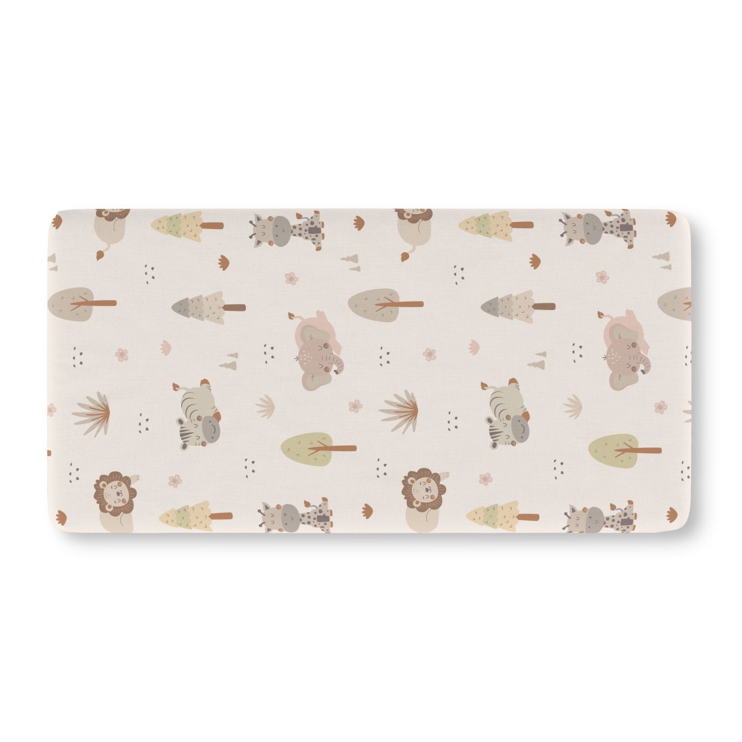 Cream safari crib sheet showing the fitted elasticated corner