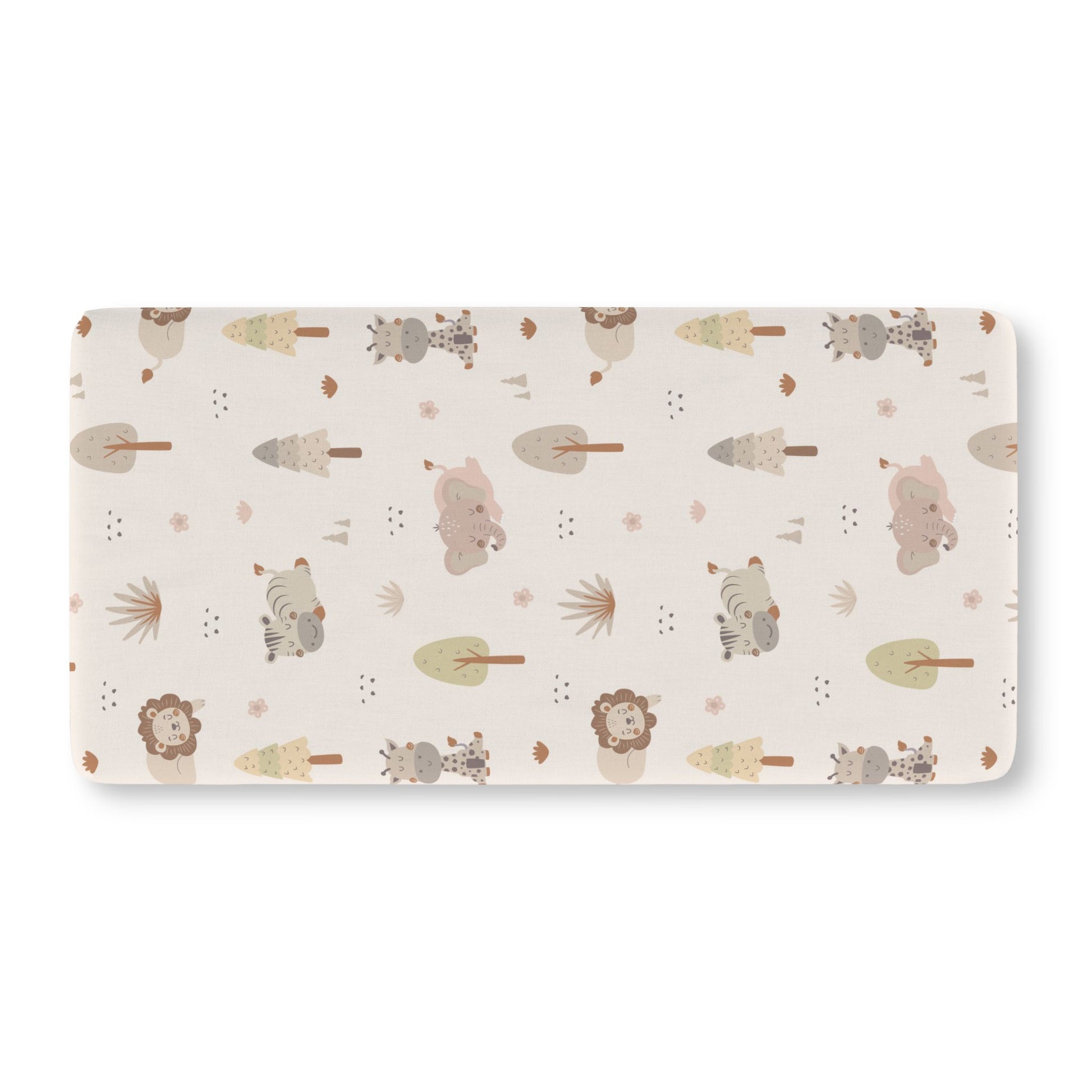 Cream safari crib sheet showing the fitted elasticated corner