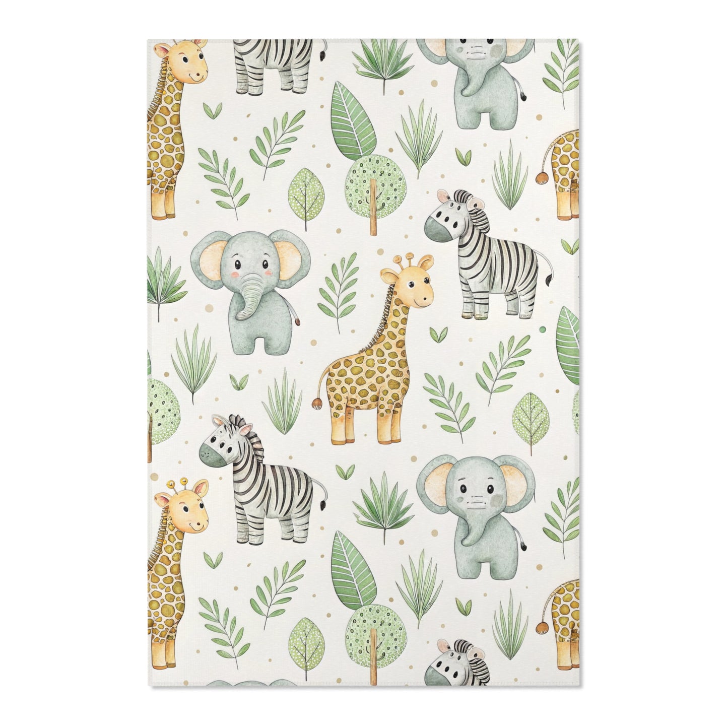 Close-up of the watercolour safari print on a nursery rug