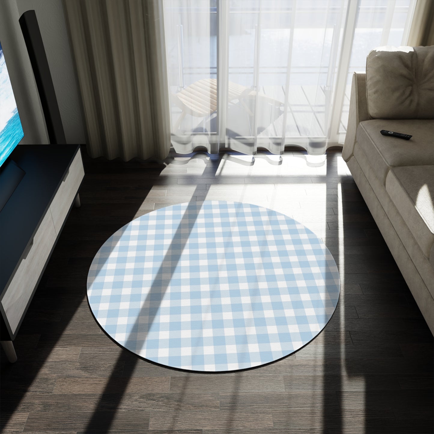 Baby Blue Gingham Nursery Round Rug