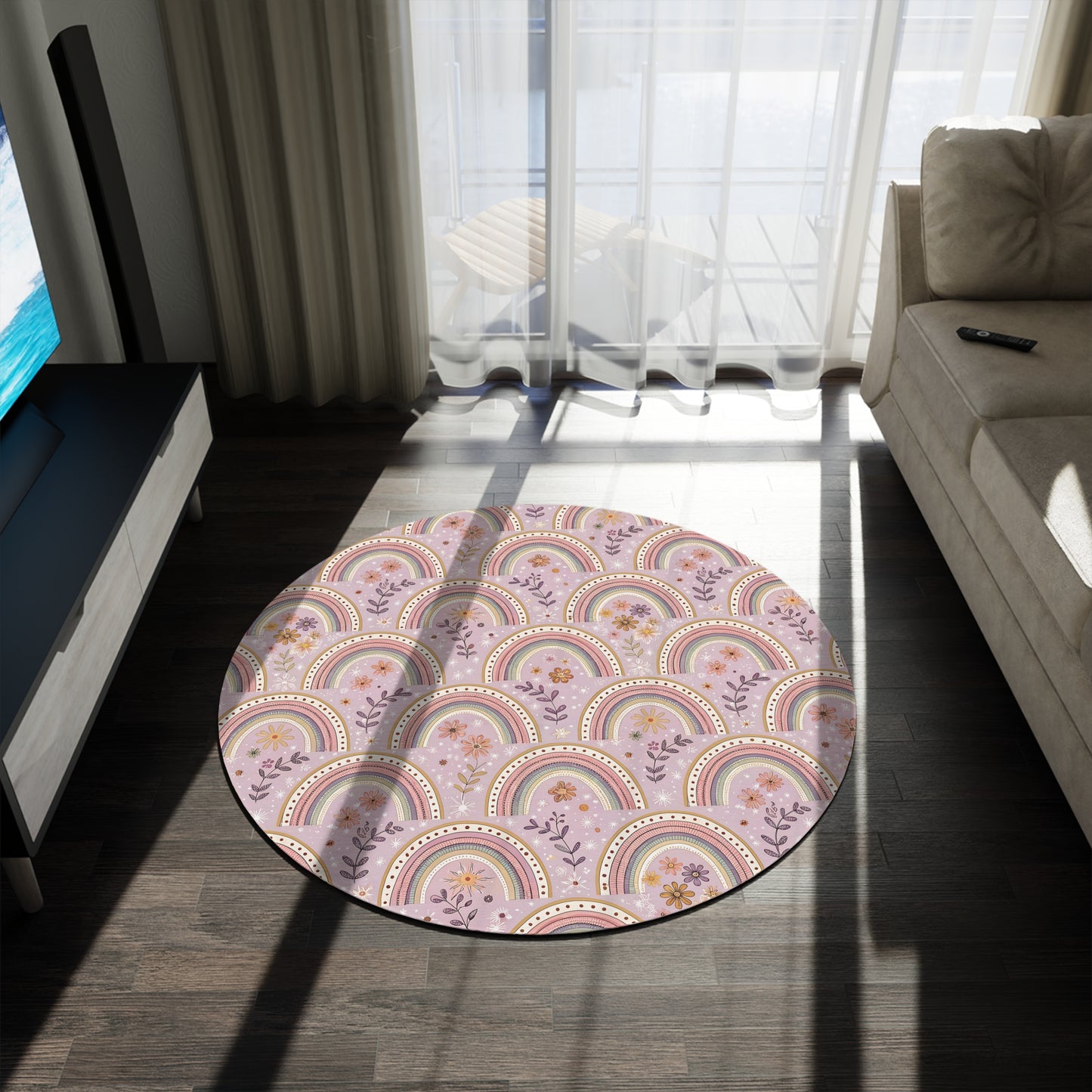 P45 - Round Rug - Pink/Purple Floral Rainbow
