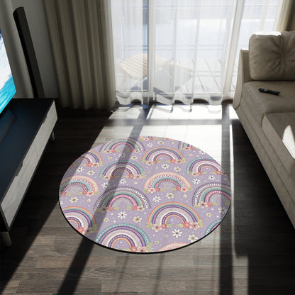 P46 - Round Rug - Pastel Dark Purple Floral Rainbow