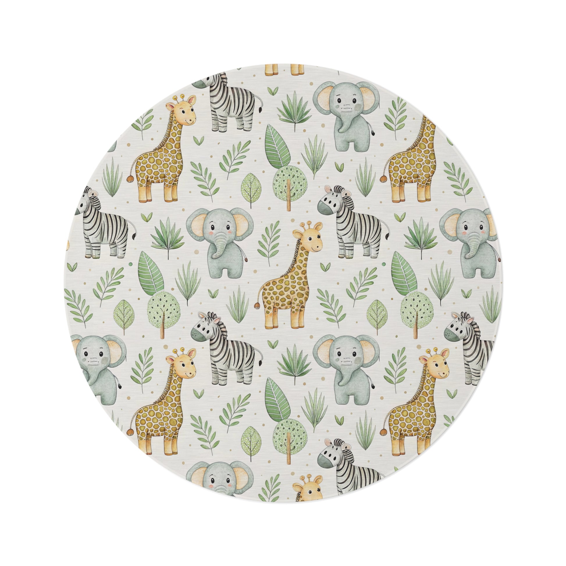 Safari animal round nursery rug on a baby room floor