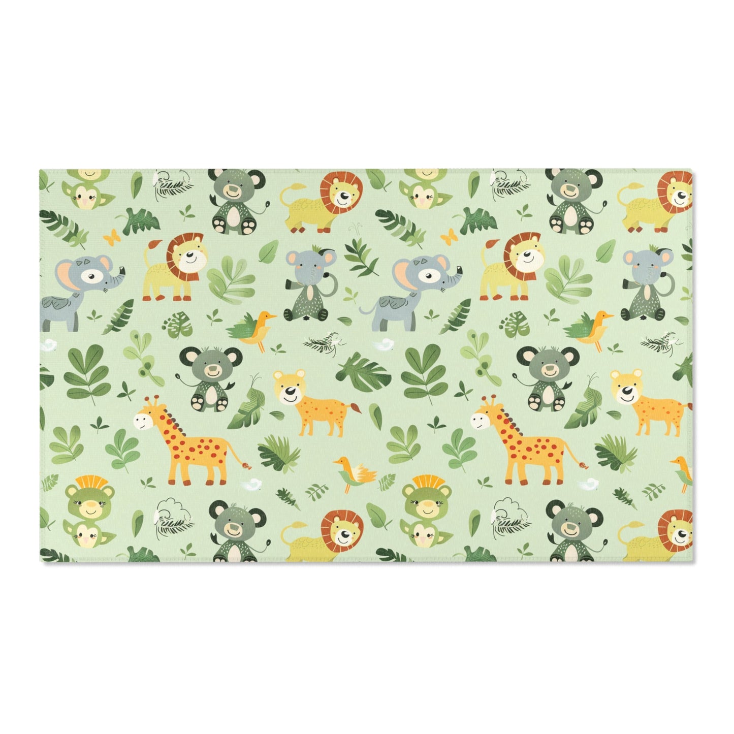 Sage green jungle rug defining a nursery play area