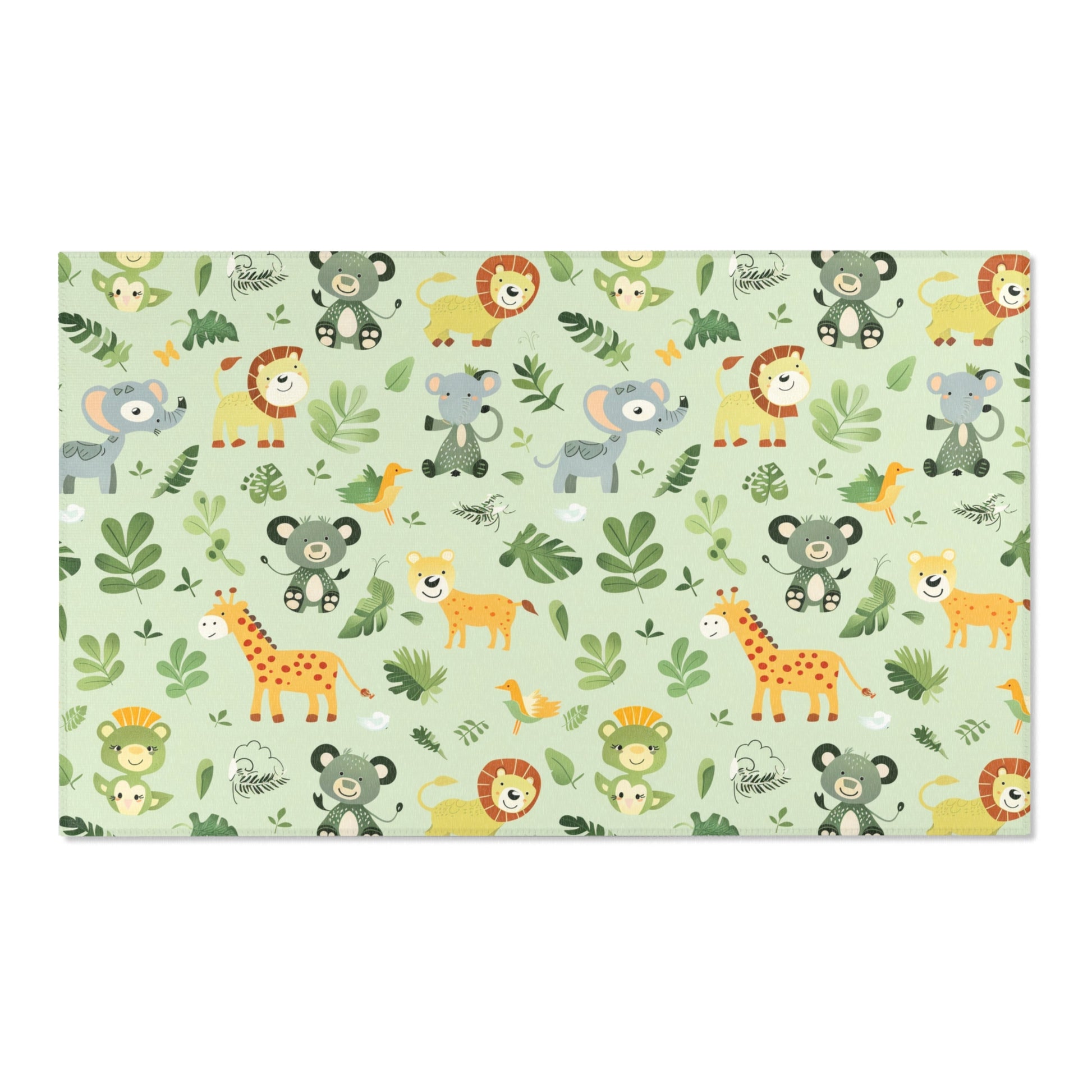 Sage green jungle rug defining a nursery play area