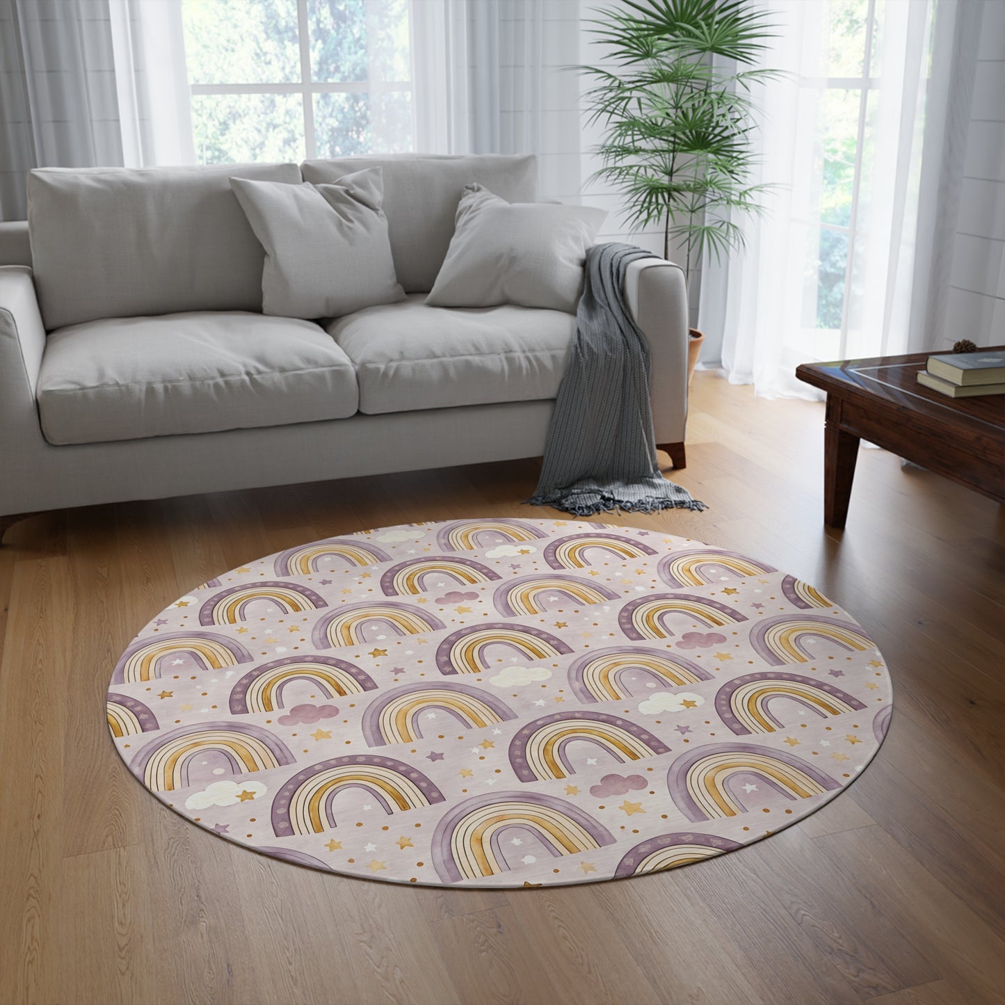 P47 - Round Rug - Pastel Purple Rainbows & Stars