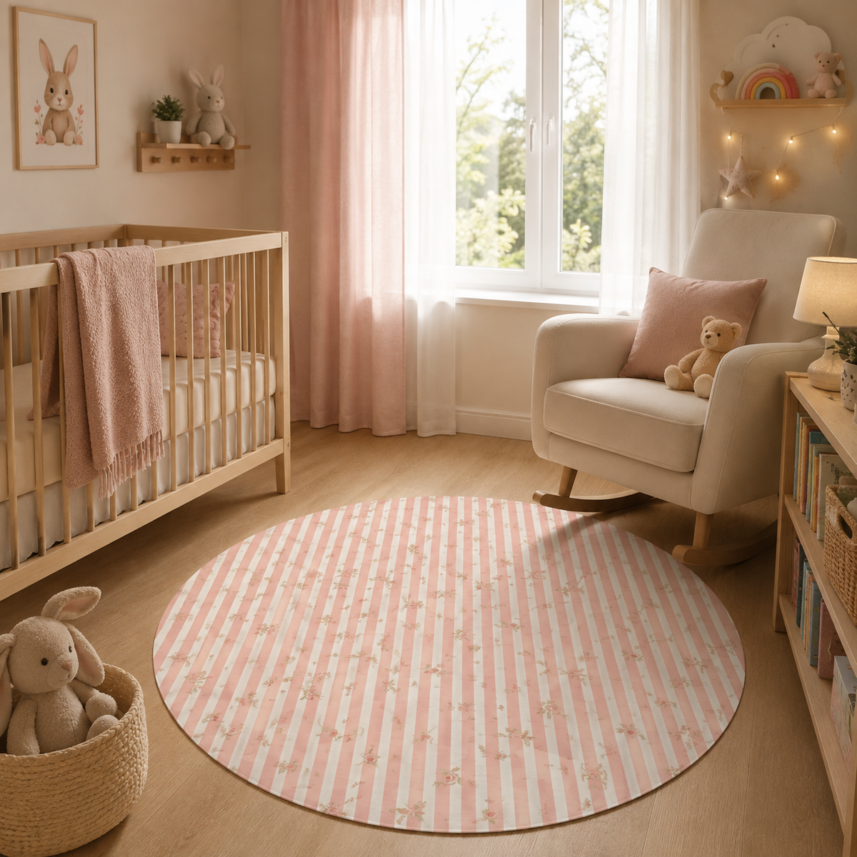 Rose Stripe Nursery Round Rug