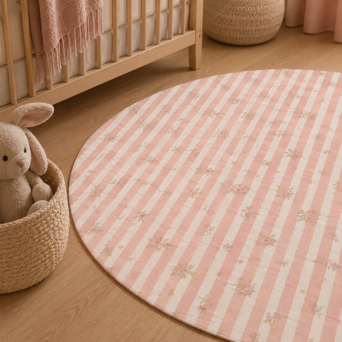 Rose Stripe Nursery Round Rug