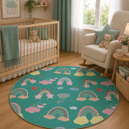 Teal Sky Rainbows Nursery Round Rug