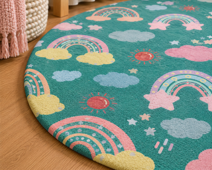 Teal Sky Rainbows Nursery Round Rug