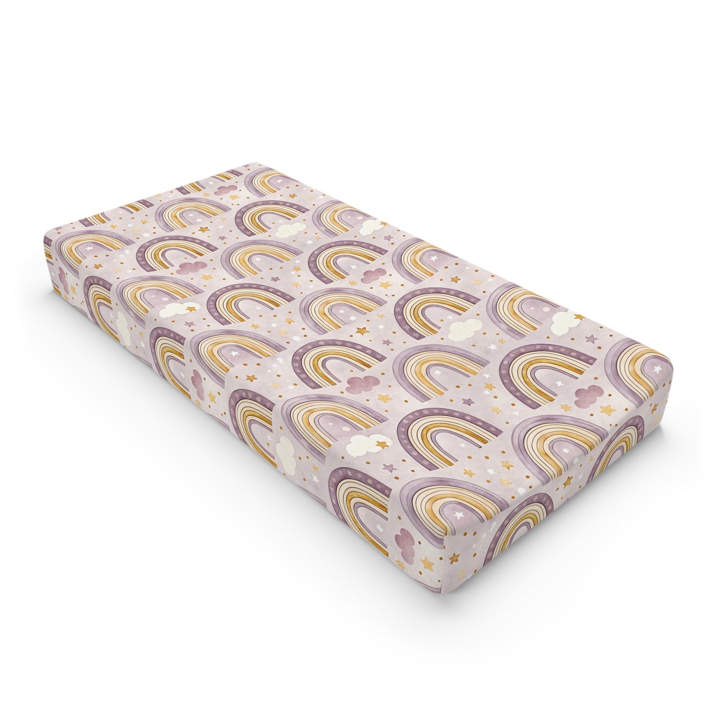 Amethyst Rainbows changing pad cover on a nursery changing table