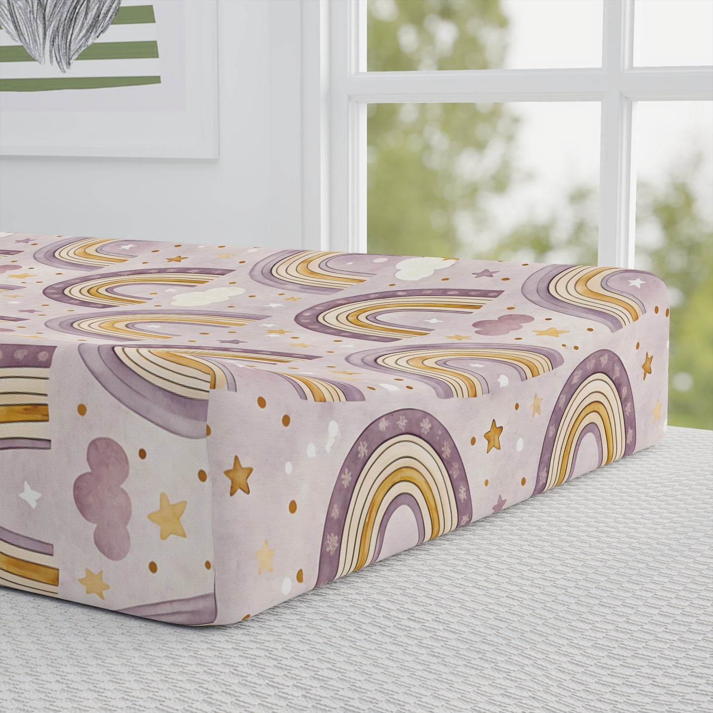 Close detail of the Amethyst Rainbows print on the changing pad cover