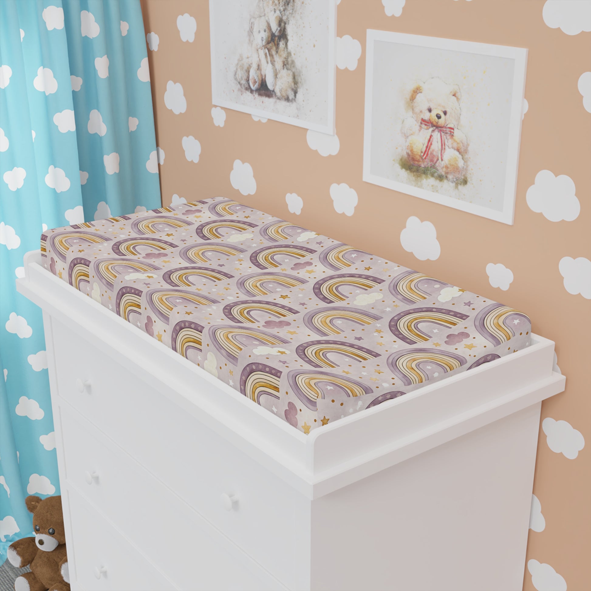 Amethyst Rainbows changing pad cover fitted over a contoured pad