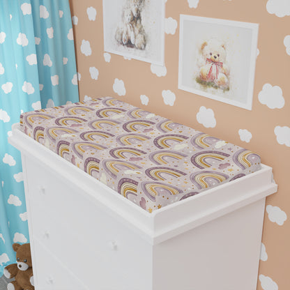 Amethyst Rainbows changing pad cover fitted over a contoured pad
