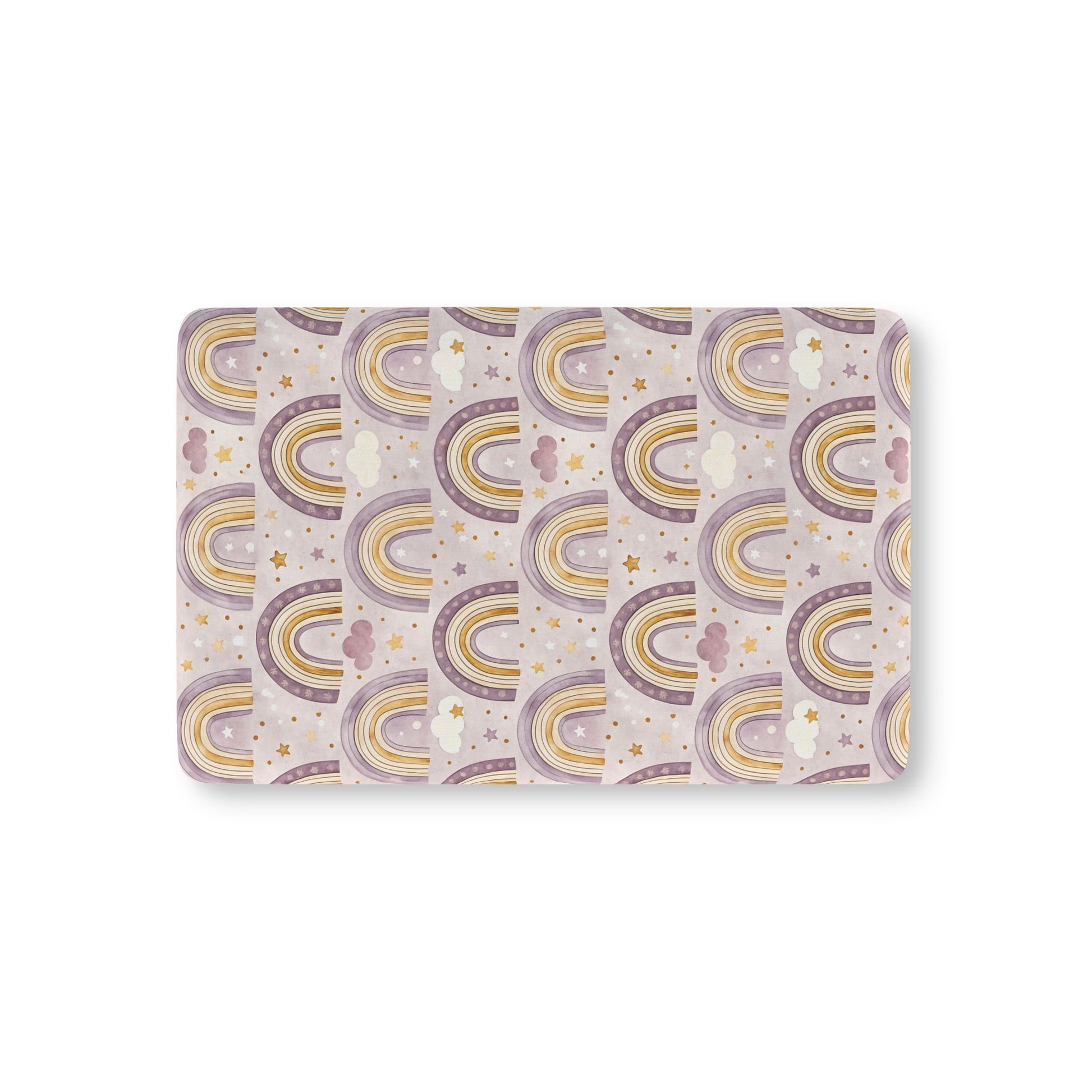 Amethyst Rainbows fitted crib sheet on a nursery crib mattress