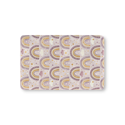 Amethyst Rainbows fitted crib sheet on a nursery crib mattress