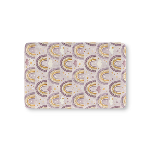 Amethyst Rainbows fitted crib sheet on a nursery crib mattress