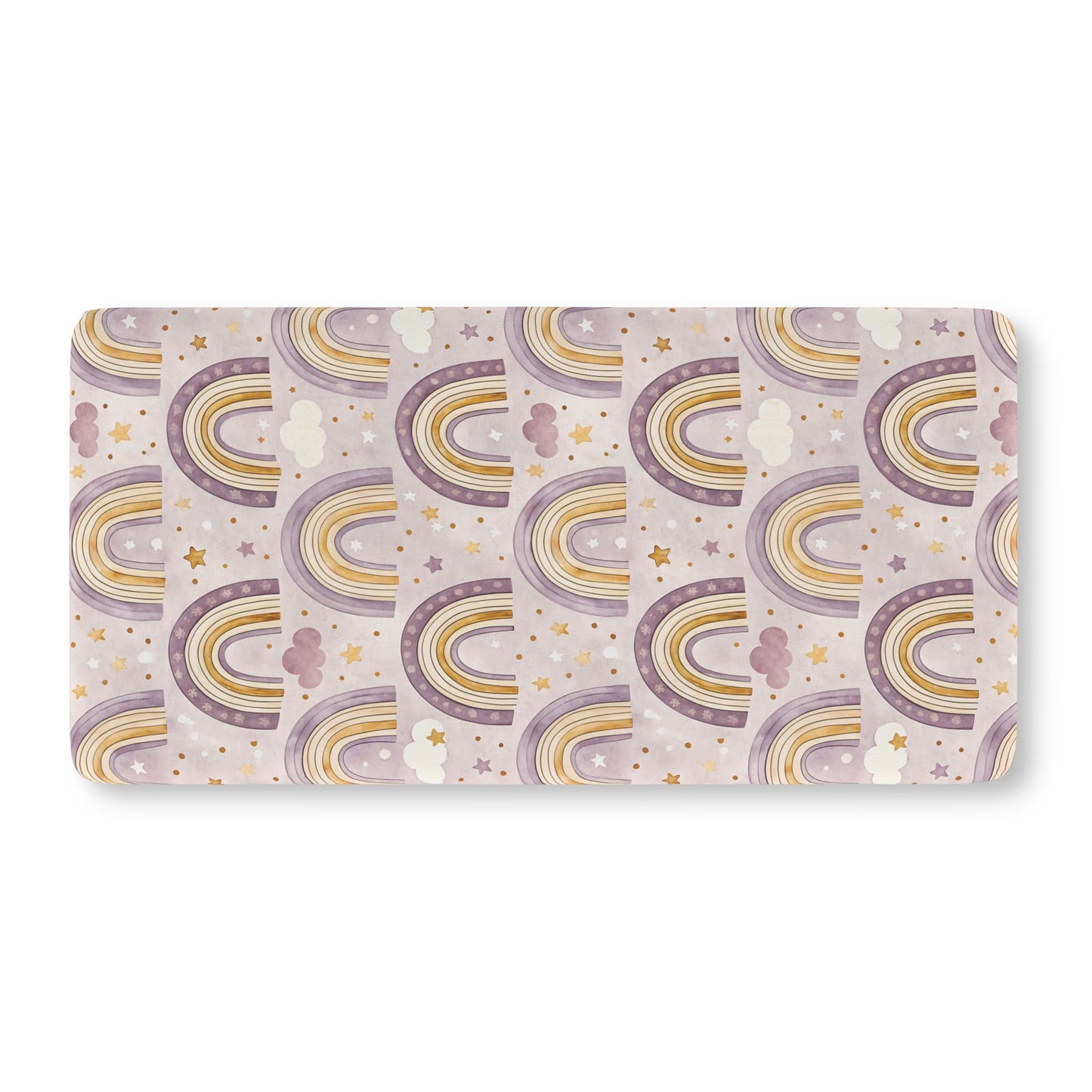 Fitted crib sheet with purple and gold rainbows on pale lilac