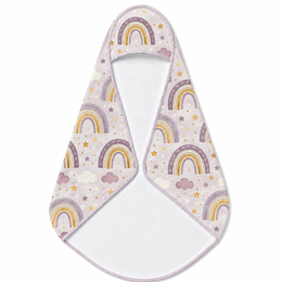Amethyst Rainbows hooded baby towel wrapped around a baby