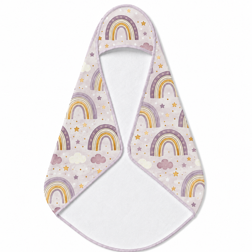 Amethyst Rainbows hooded baby towel wrapped around a baby