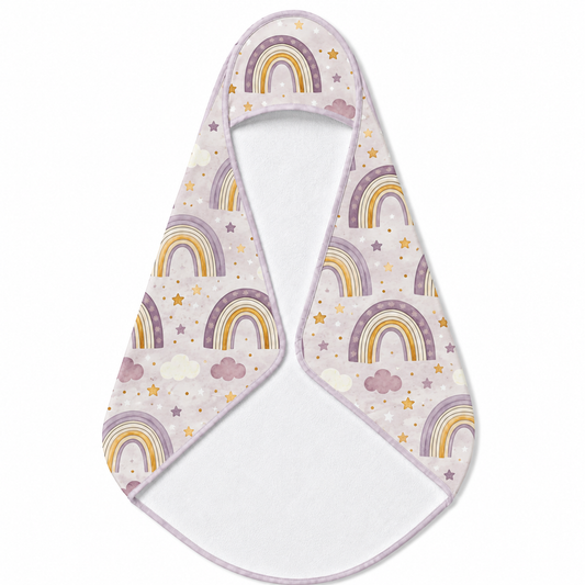 Amethyst Rainbows hooded baby towel wrapped around a baby