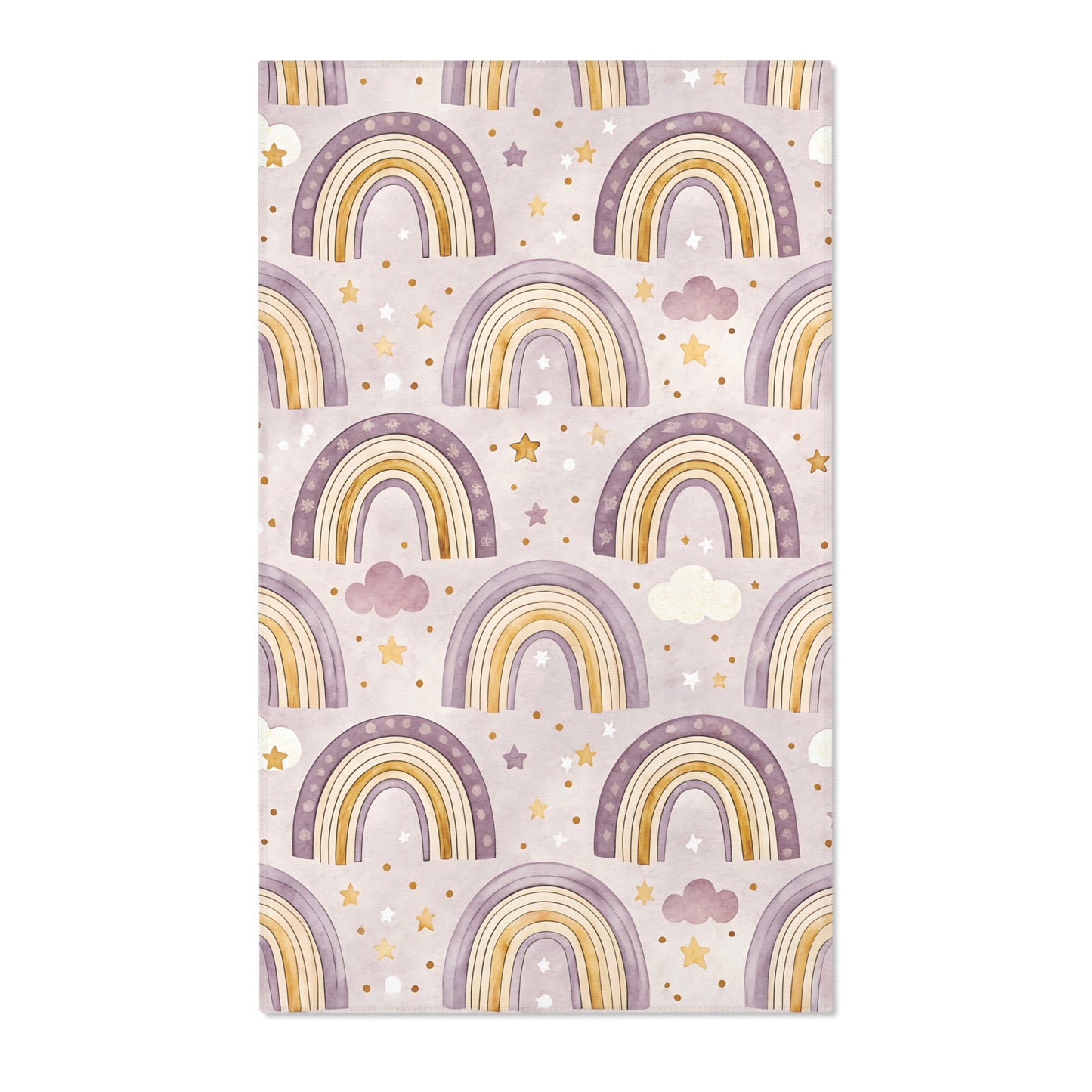 Purple rainbow nursery area rug with gold banding on lilac