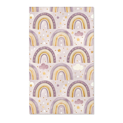 Purple rainbow nursery area rug with gold banding on lilac