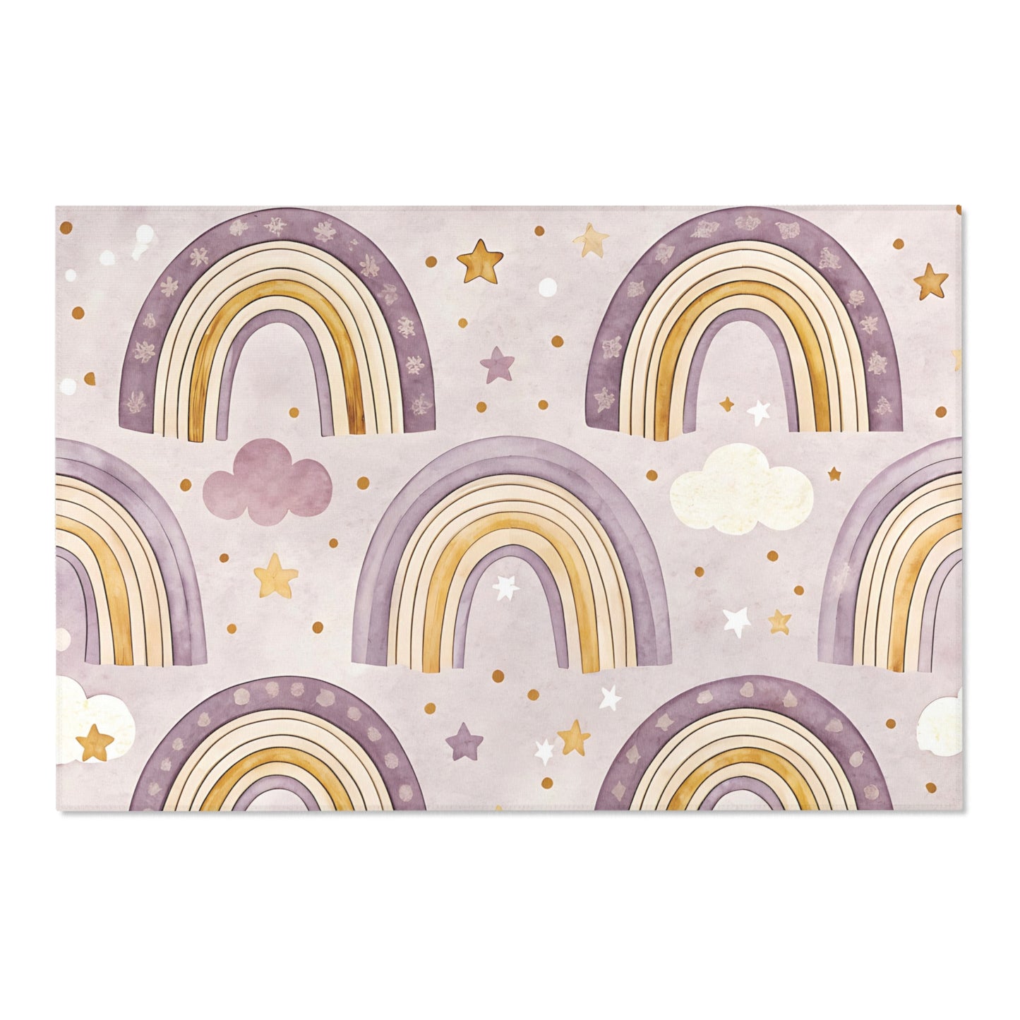 Low pile nursery rug with large amethyst and gold rainbows