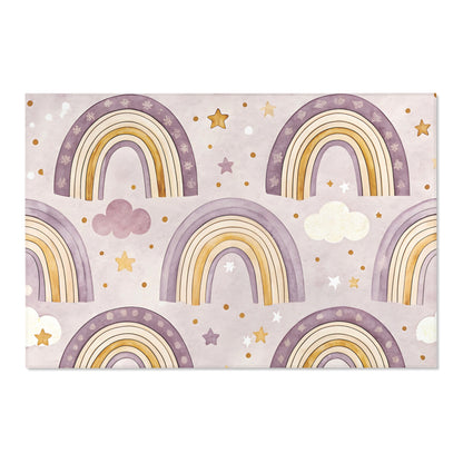 Low pile nursery rug with large amethyst and gold rainbows