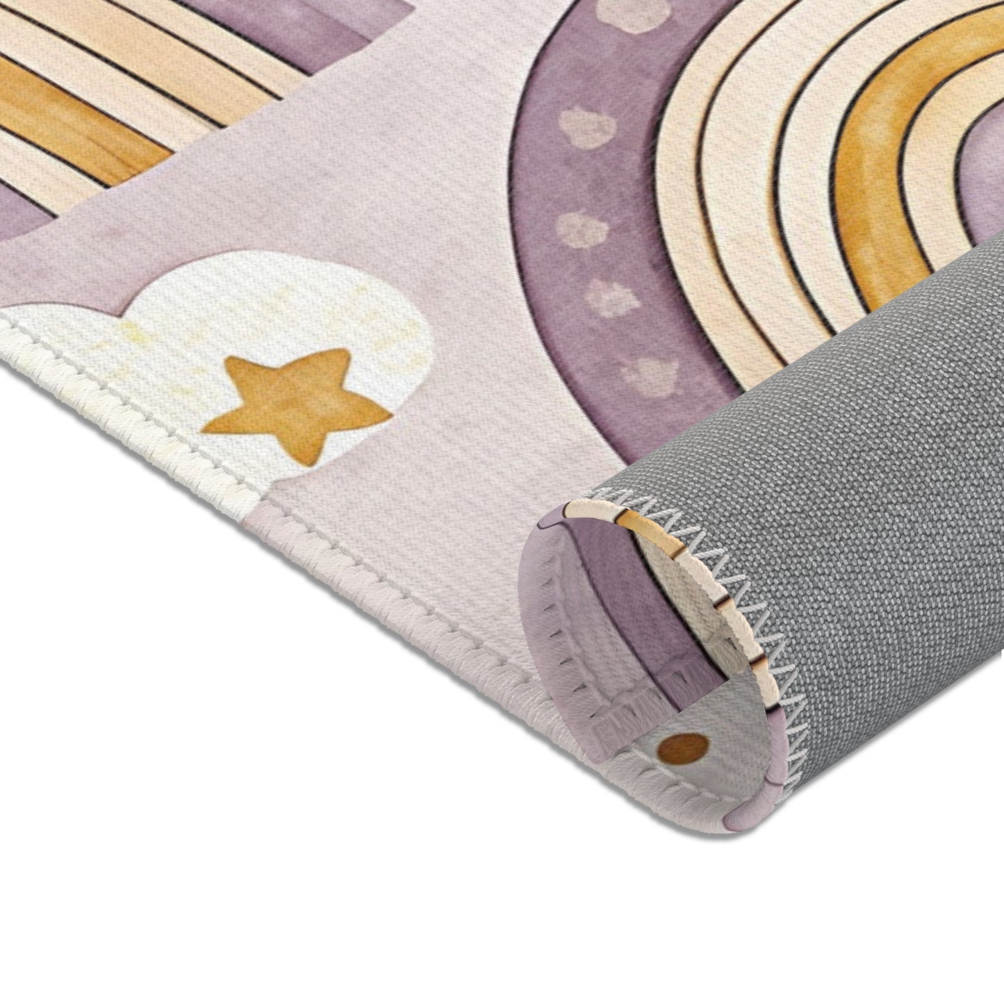Corner detail of the Amethyst Rainbows nursery area rug