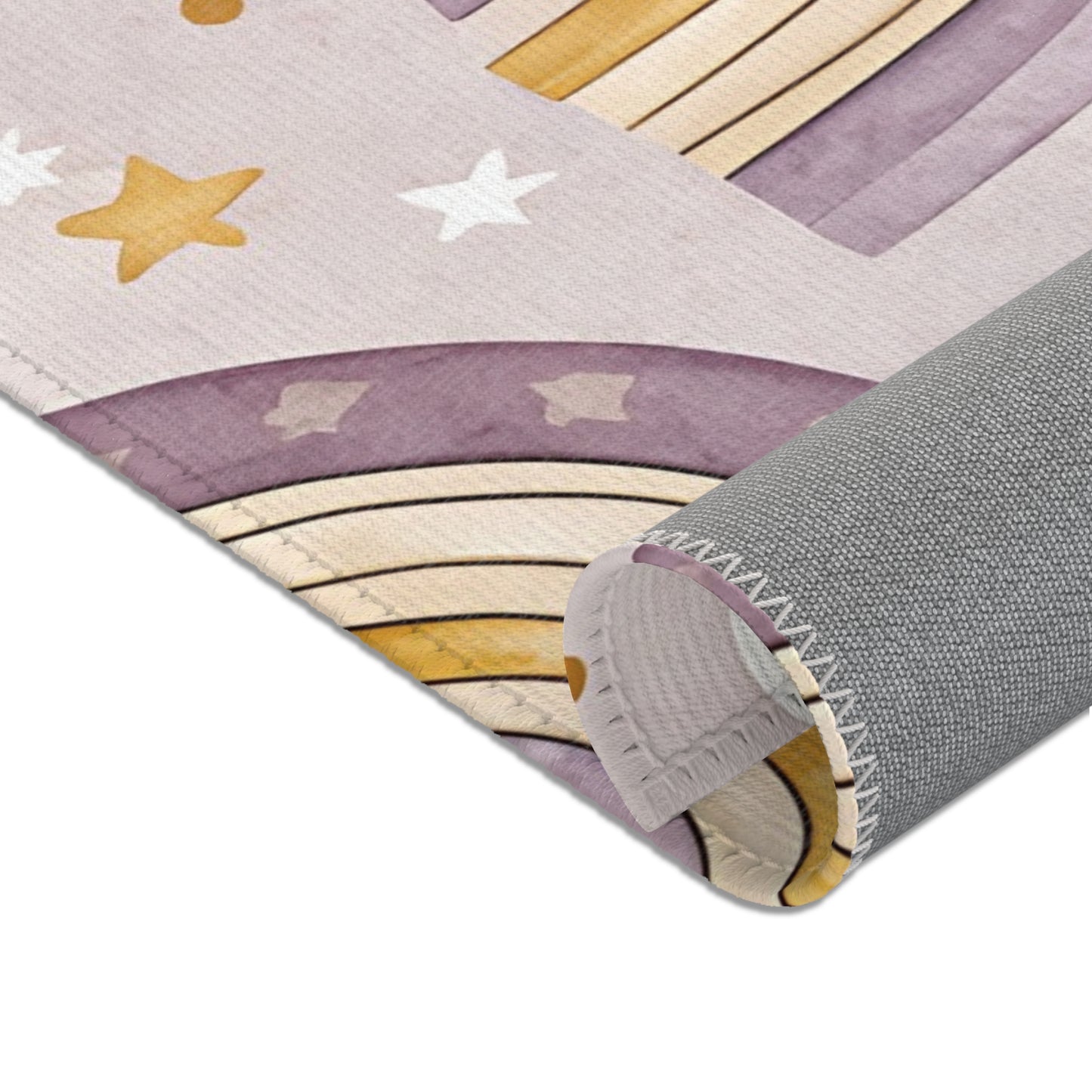 Nursery area rug in a lilac, amethyst and gold palette