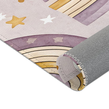 Nursery area rug in a lilac, amethyst and gold palette