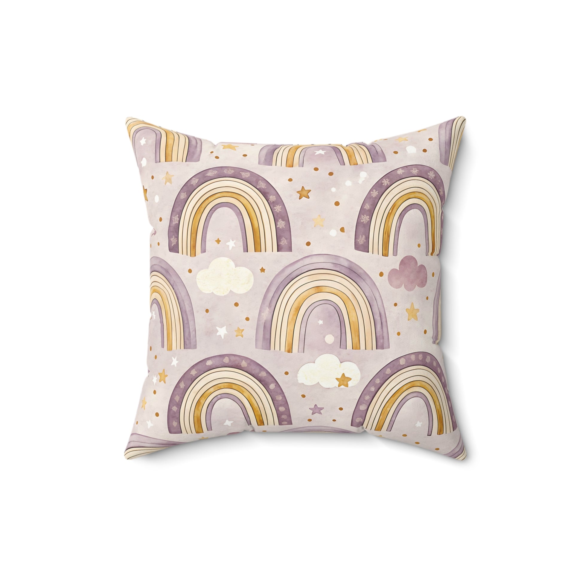 Faux suede nursery pillow with a large amethyst rainbow