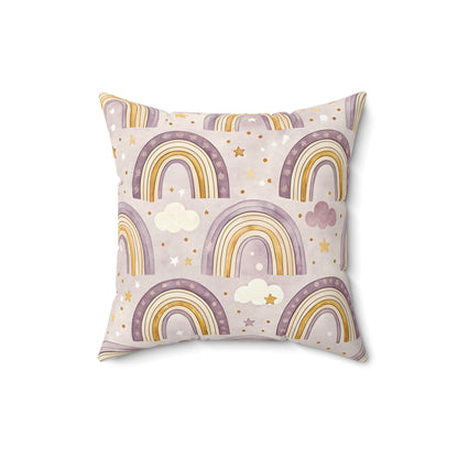 Faux suede nursery pillow with a large amethyst rainbow