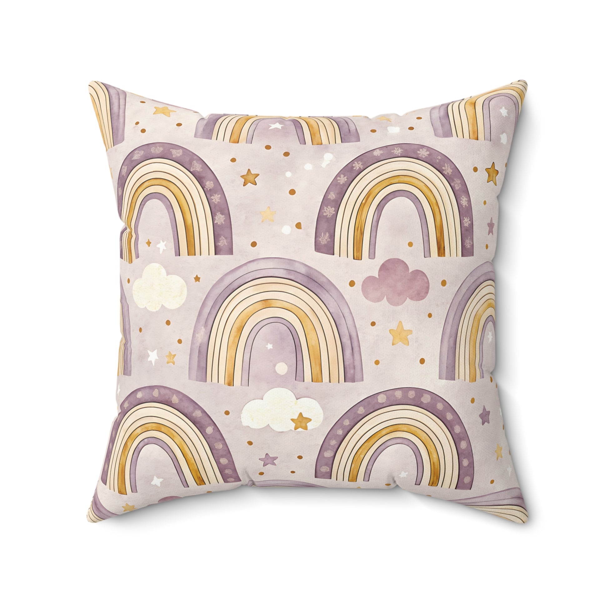 Faux suede pillow with a watercolour rainbow, clouds and stars