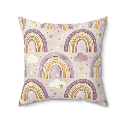Faux suede pillow with a watercolour rainbow, clouds and stars