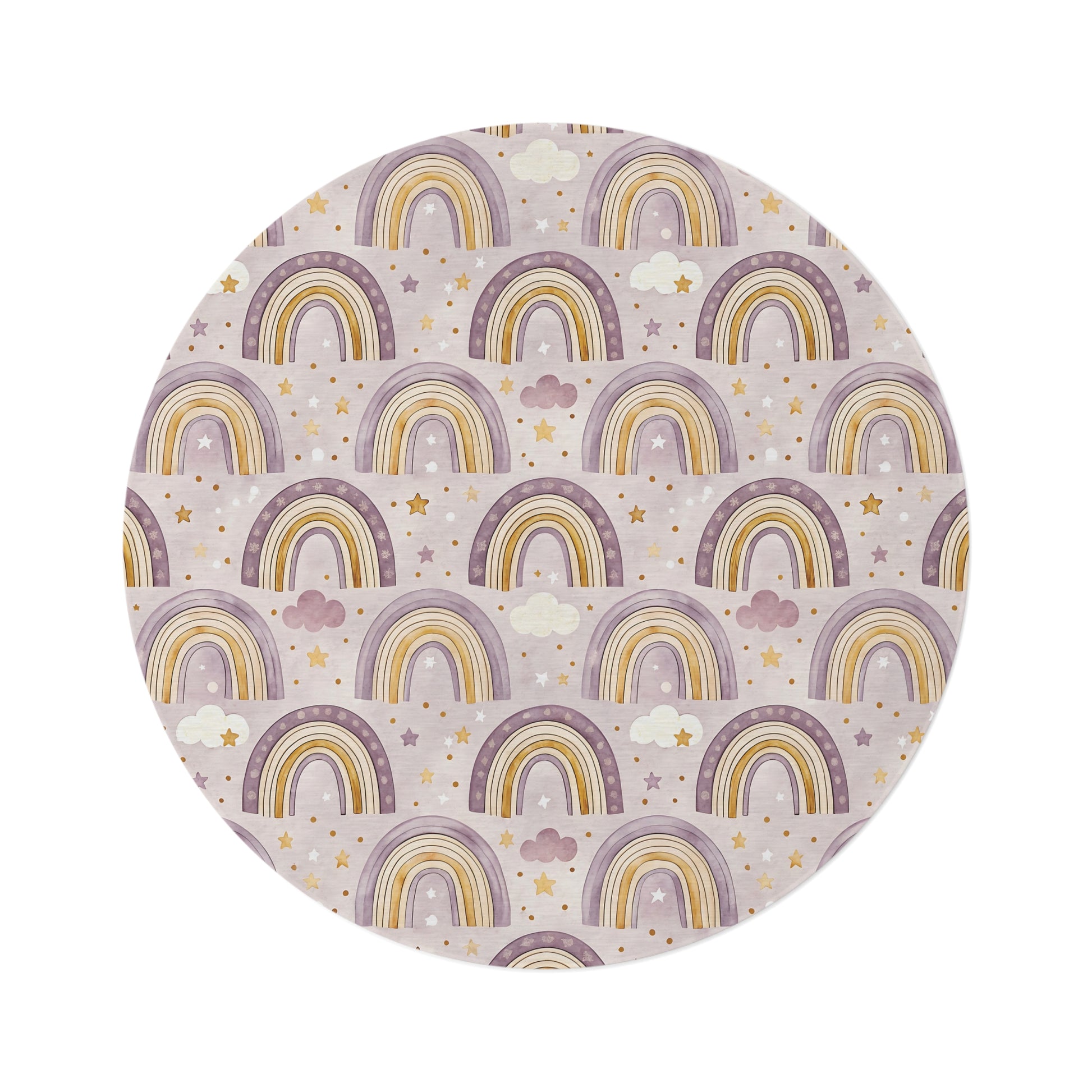 Amethyst Rainbows round nursery rug on a baby room floor