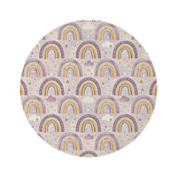 Amethyst Rainbows round nursery rug on a baby room floor